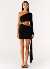 Wrapped Asymmetrical Mesh Dress - Black
